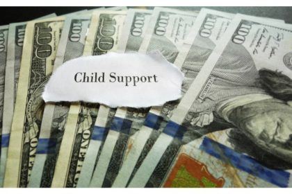 A line of $100 bills and a piece of paper that reads "Child Support".