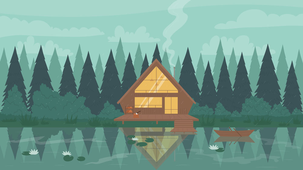 graphic illustration depicting a cabin on a lake - Family Cabin Estate Planning
