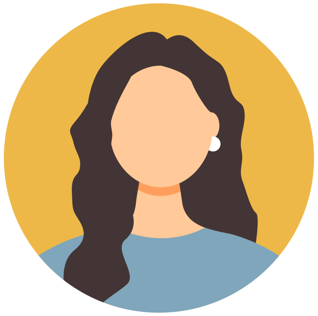 Brunette female cartoon image against yellow circle background